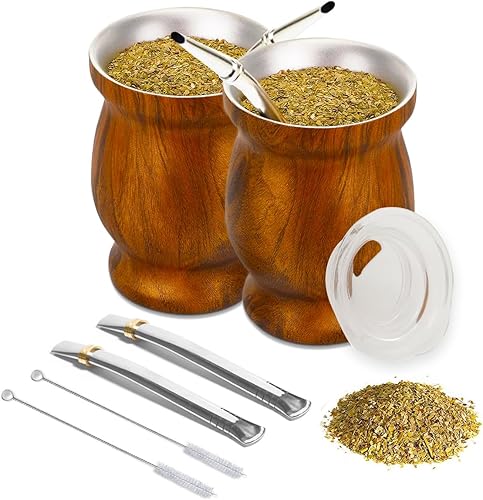 Miniatura 1 de YTCYKJ Juego de 2 tazas de té de calabaza y bombilla de yerba mate, de acero inoxidable, doble pared, textura de fibra de carbono, con pajitas de