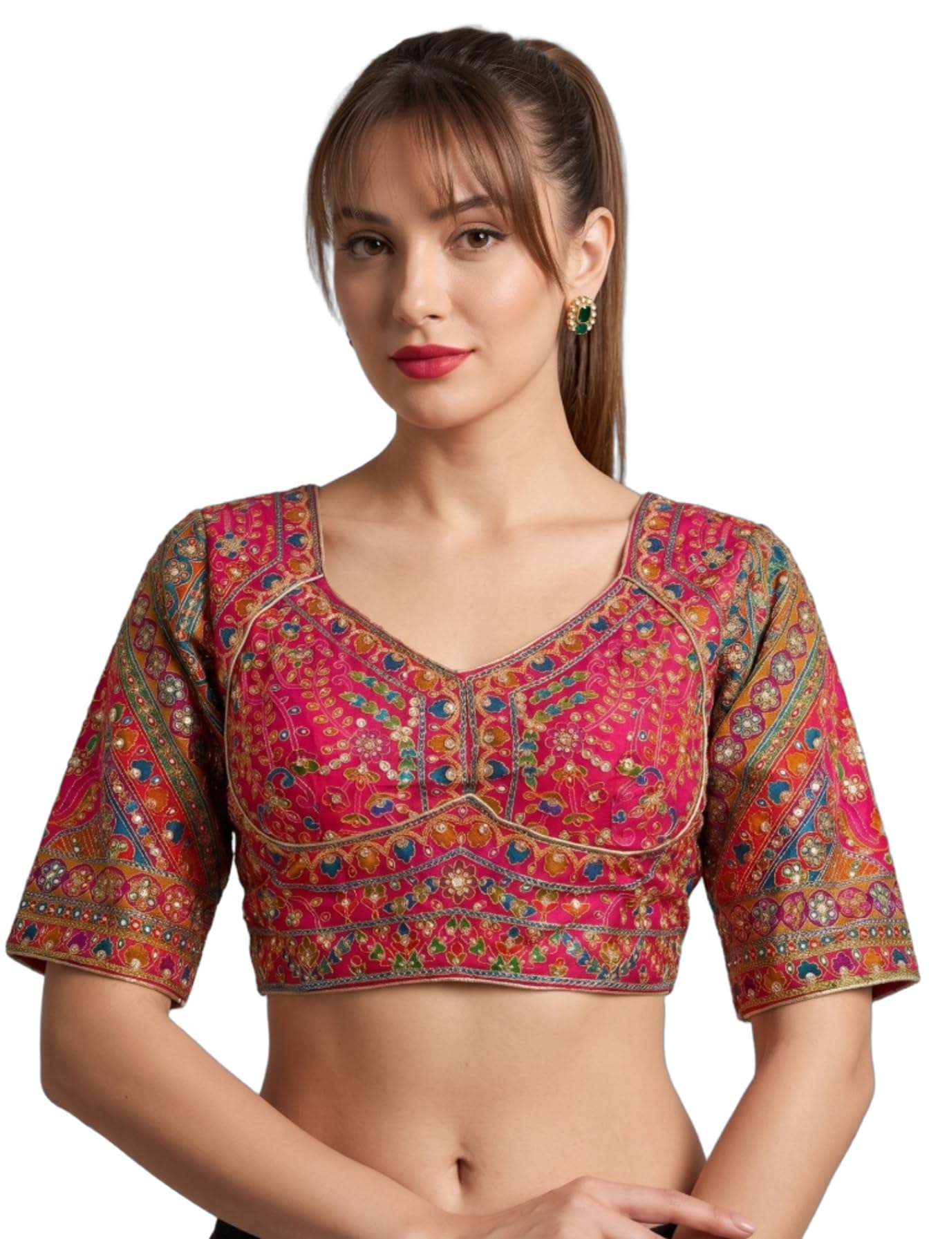 Women's Pink Pure Silk Viscose Readymade Padded Saree Blouse | Embroidered Choli for Lehenga with Zari, Sequin & Multicolor Print Work (Bust Size 38", Alterable 34" to 42")-image-44