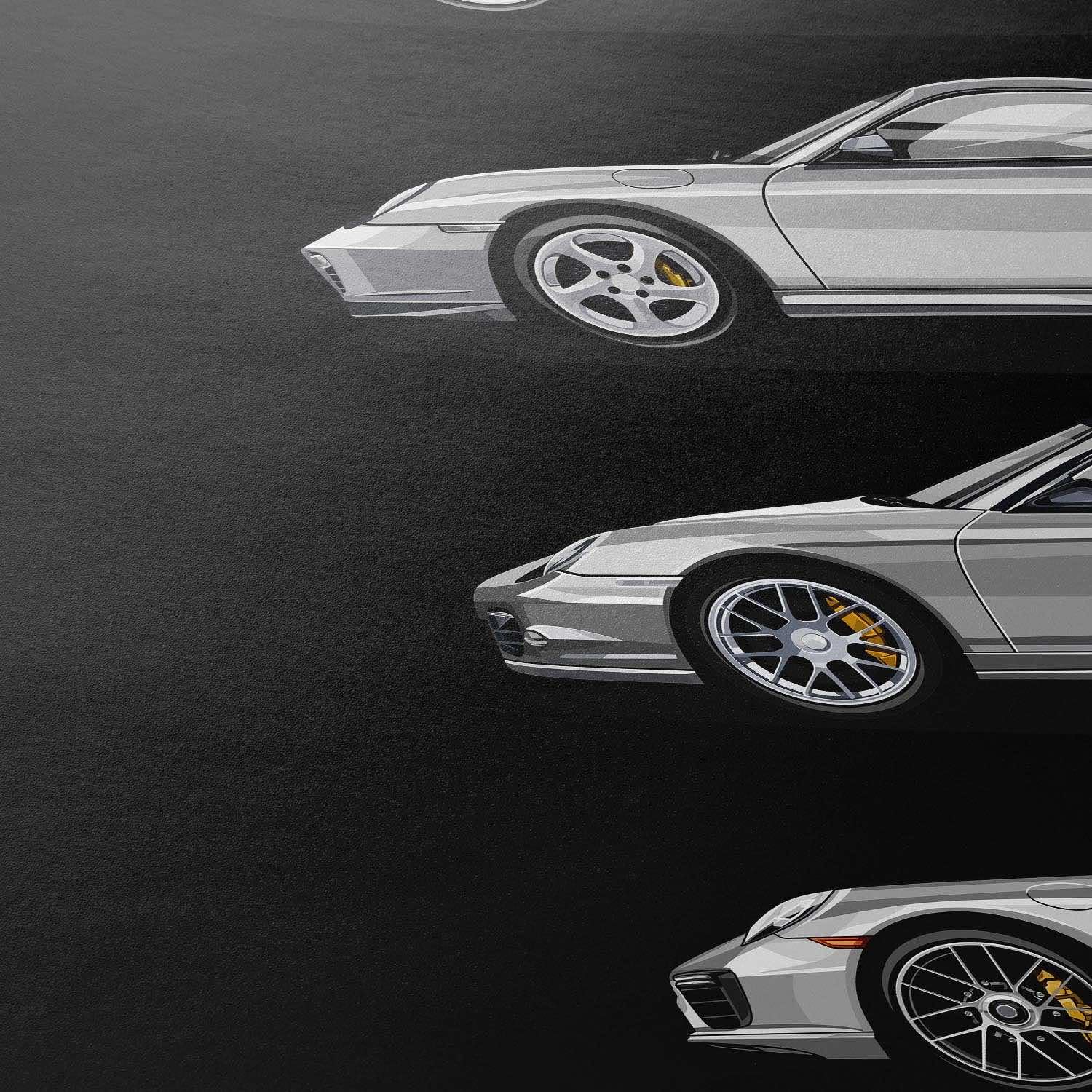 Cartistry Auto Poster 911 Turbo Generationen, 40x30cm, Holzrahmen Schwarz | Geschenk für Männer, Geschenk für Autoliebhaber