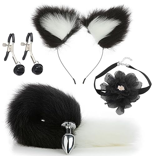 Fox Tail Anal Plug with Sexy Tail for Cosplay, Adult Sex Toys of Stainless Steel Anal Plug with Nipple Clamp and Collar White and Black Mix - C