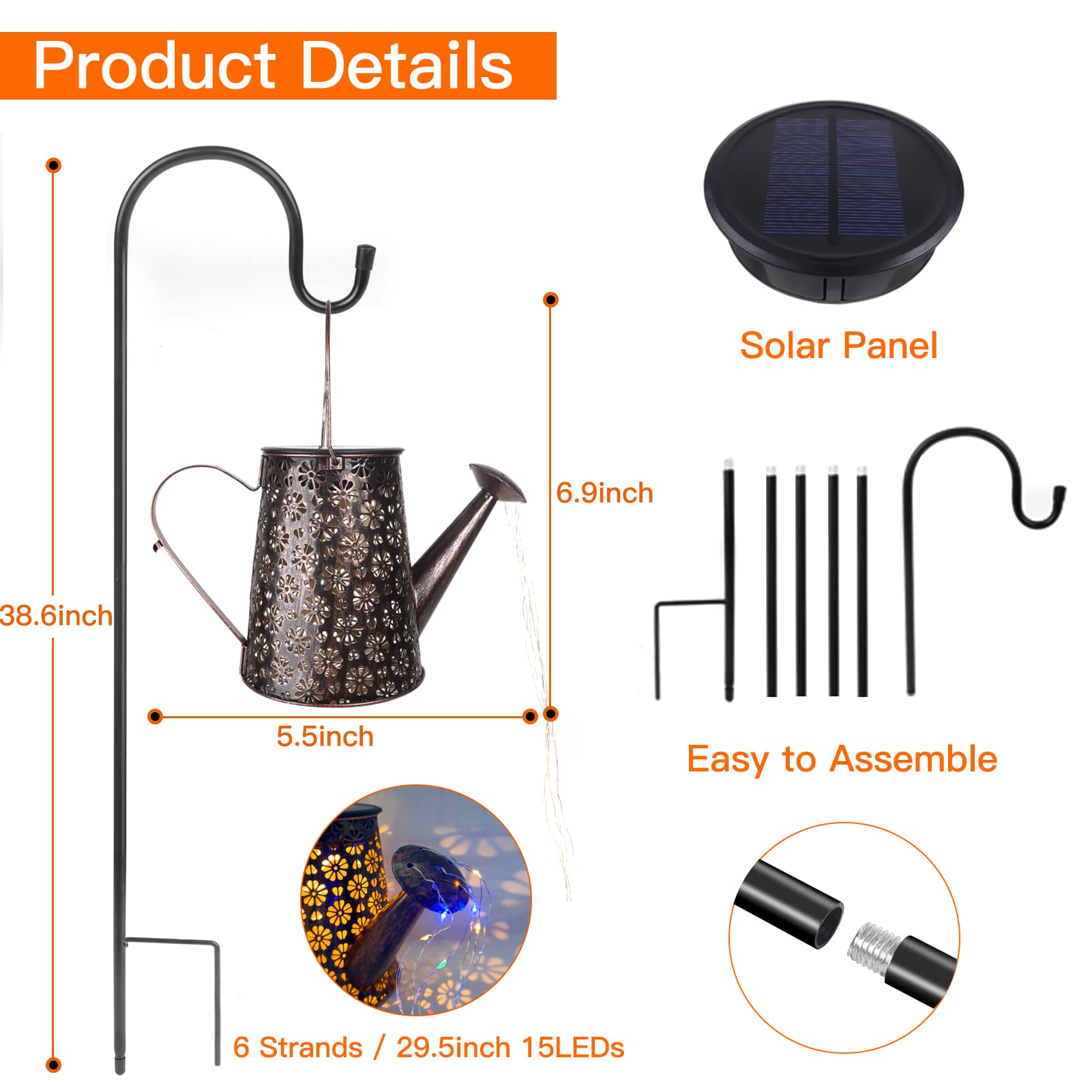 MEDE Watering Can Solar Lights Outdoor Garden,90 LED Color Light Garden Ornaments Outdoor Light Solar Powered Waterproof Large Metal Fairy Lights for Patio Halloween Decorations Outdoor(with Bracket)