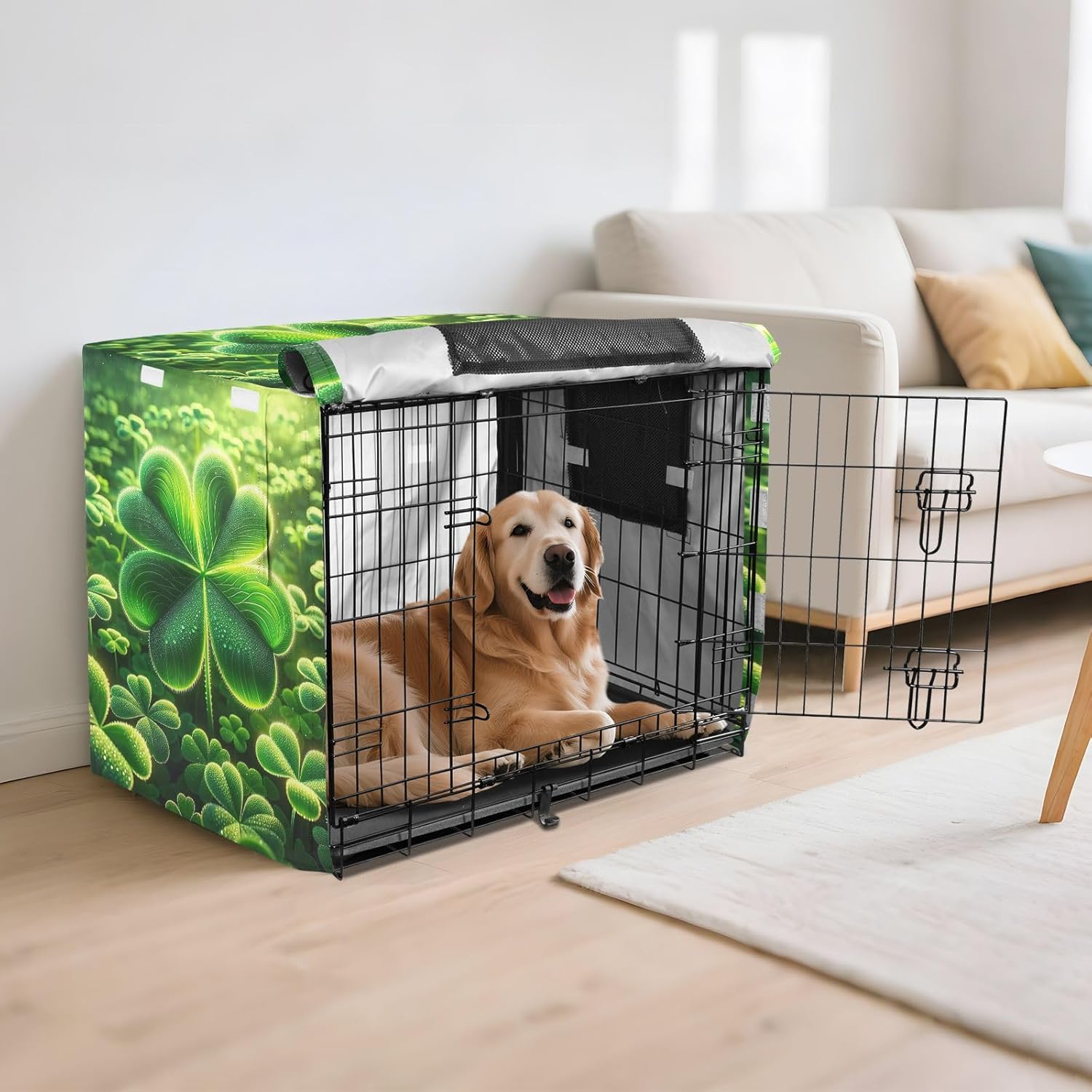 Vivid Green Shamrock Flourish Dog Crate Cover Roll-up Sides, Pet Cage Cover with Openings, X-Large