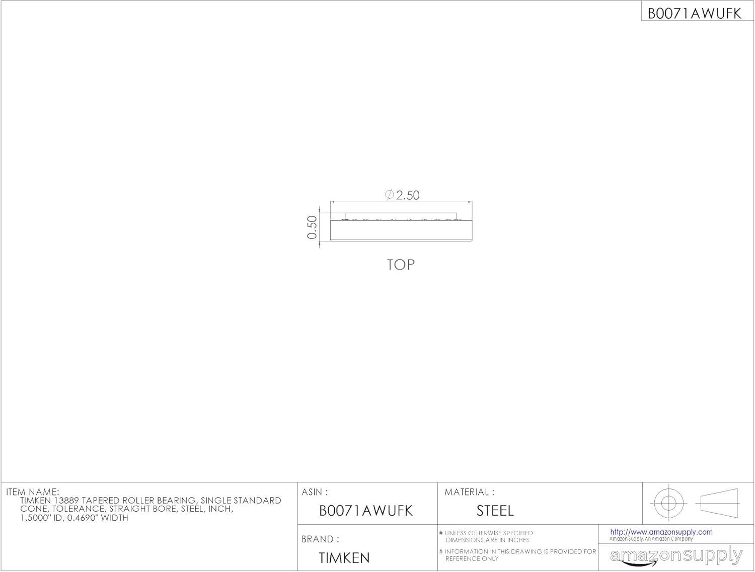 Timken 13889 Tapered Roller Bearing, Single Cone, Standard Tolerance, Straight Bore, Steel, Inch, 1.5000" ID, 0.4690" Width