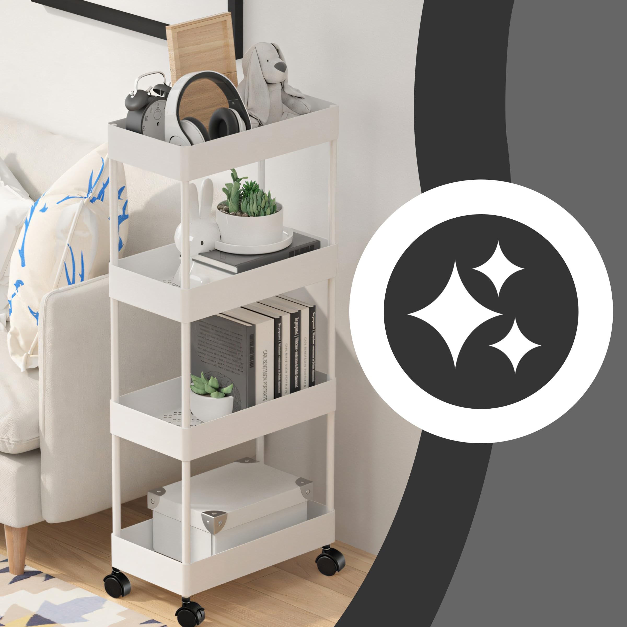 Retoo Carrello da cucina a 4 ripiani, carrello da cucina su rotelle, scaffale per nicchia, mensola da bagno, mensola per cucina, bagno, camera da letto, ufficio, cameretta dei bambini, 65 x 11,5 x
