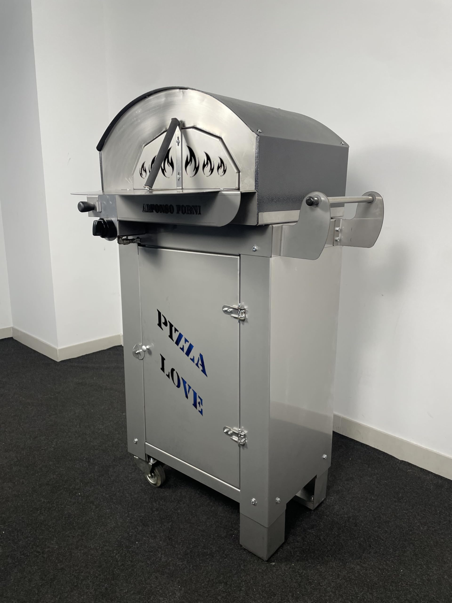Forno pizza ibrido gas e/o legna da esterno Alfonsino – Forno pizza in acciaio inox AISI 304 con biscotto refrattario 40x40 cm, 500°C, cottura diretta a fiamma viva, Personalizzabile, con carrello