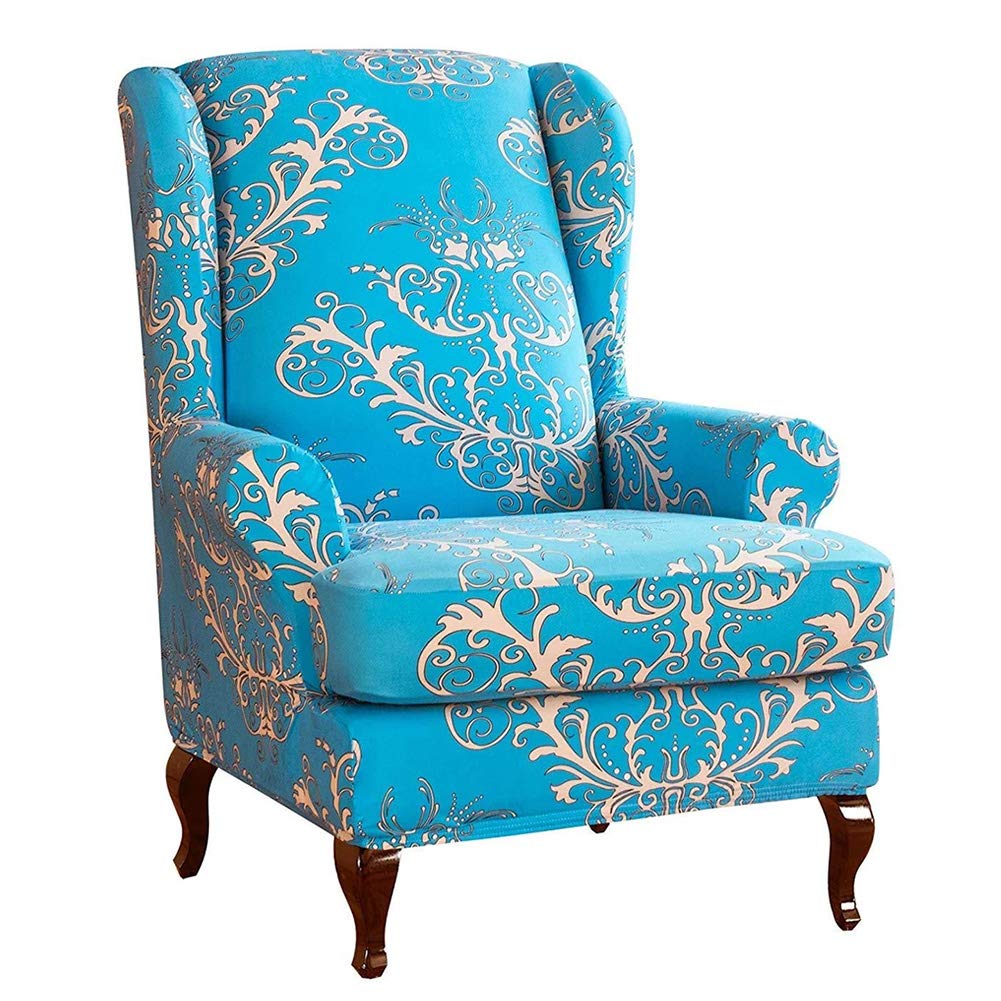 Feian 2pcs Wing Chair Slipcovers Stretchy Wingback Armchair Covers Spandex Polyester Sofa Covers Leaves Printed Furniture Protector (Blue)