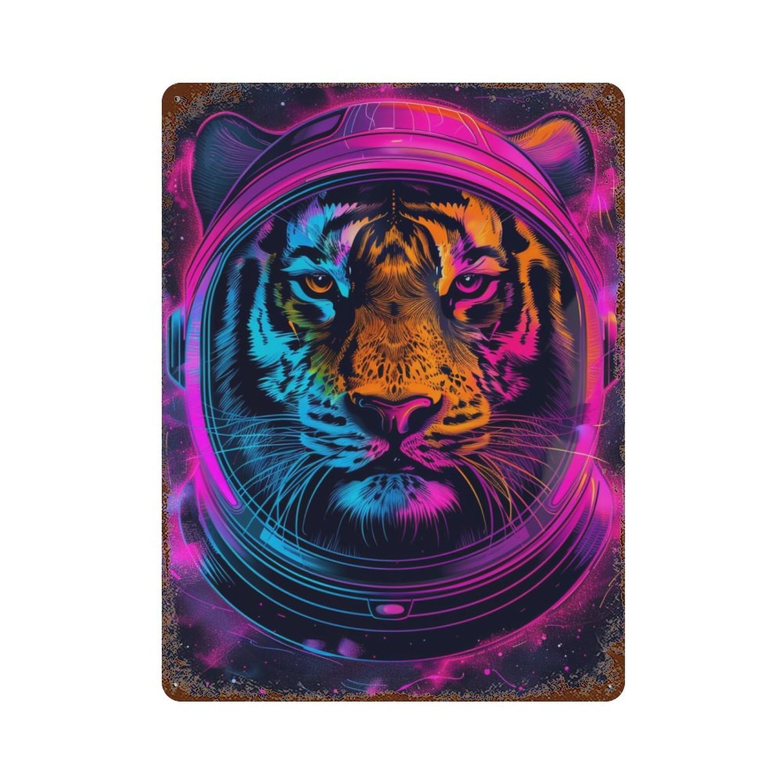Weathered Tin Sign with Tiger Astronaut Helmet Art Print Design 15.7"x11.8", for Office, Studio And Wall Decor, Retro Wall Decor