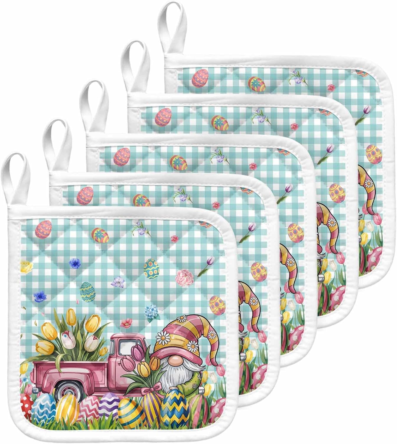 5 Pack Pot Holders for Kitchen, Spring Easter Gnomes Hot Pads for Kitchen Countertops Oven Pot Holder Bulk, Truck Colorful Eggs Botanical Blue Plaid Heat Insulation Potholders with Hanging Loops