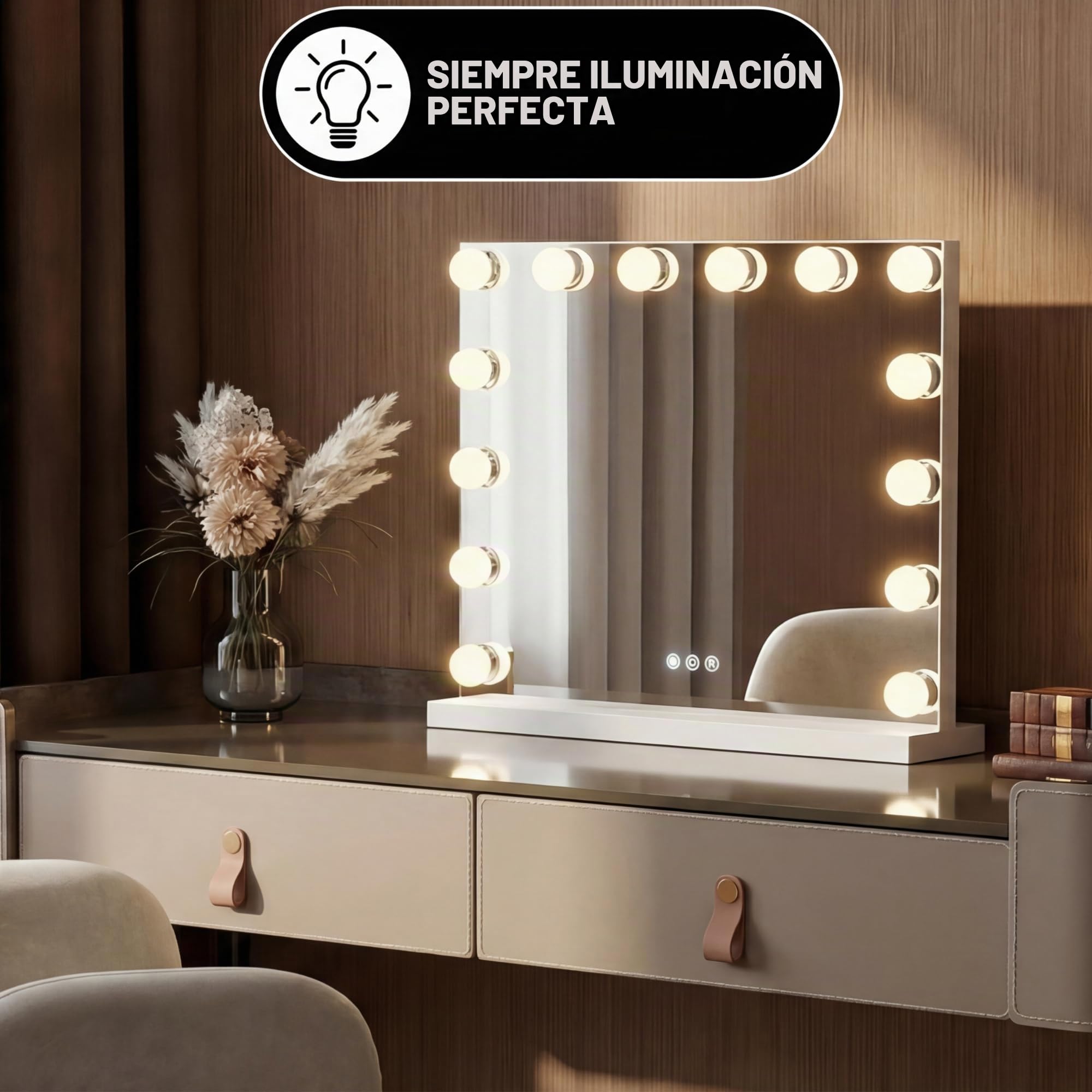 Bayt Hollywood Espejo 50 x 40 cm, Espejo Maquillaje con 14 Luces, Espejo de Aumento 10x, Regulable, Ampliación, Blanco