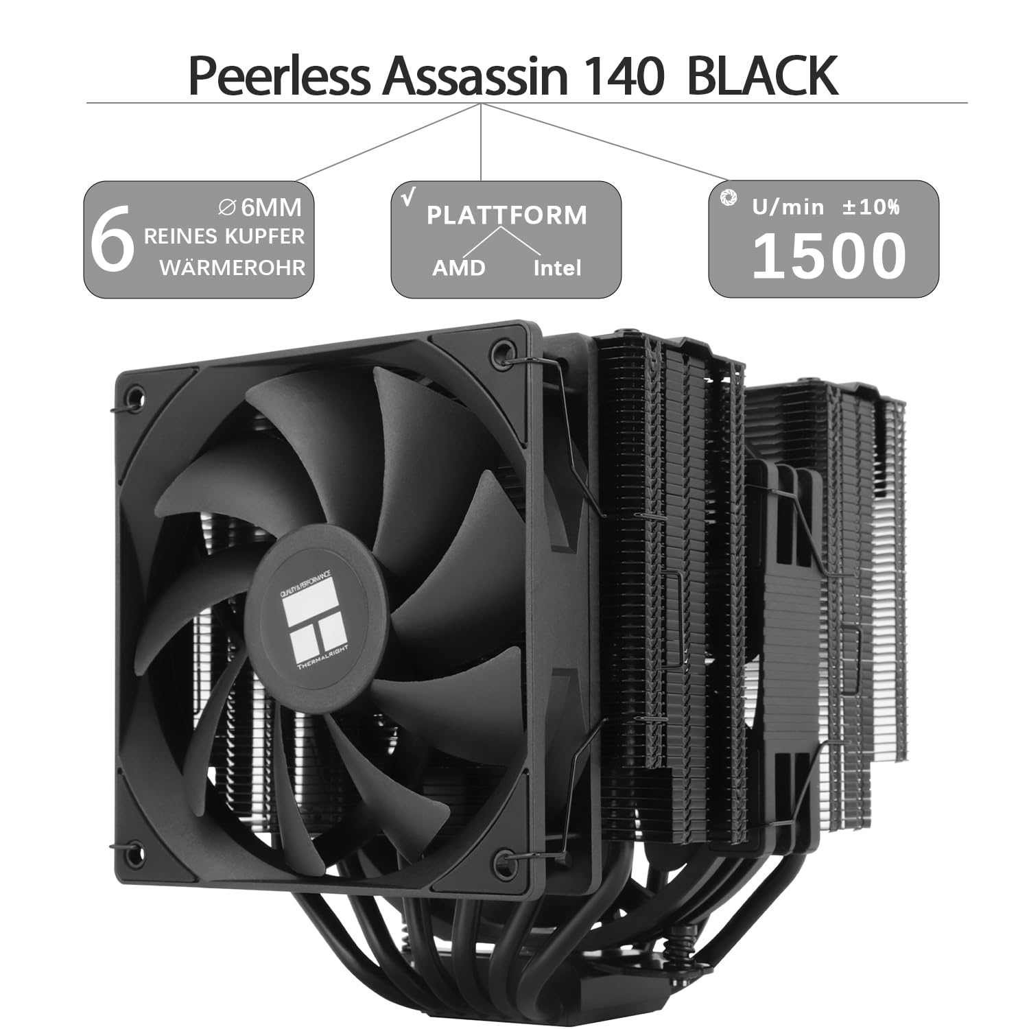Chłodzenie CPU TR-Thermalright Peerless Assassin 140 Black, Podwójna wieża z 6 rurkami ciepła, Podwójne wentylatory PWM 1500 RPM,Czarna górna pokrywa,dla AM5/AM4 oraz Intel LGA1851/1700/115X/1200/2011