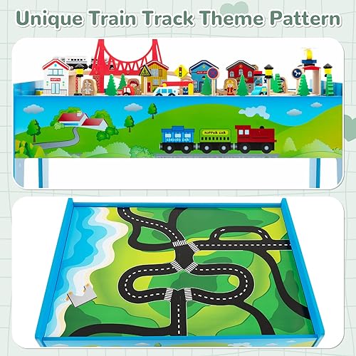 Miniatura 9 de INFANS Mesa de tren, 80 piezas de madera para niños con mesa reversible desmontable, pistas, tren, ferrocarril, ciudad, regalo para niños y niñas a