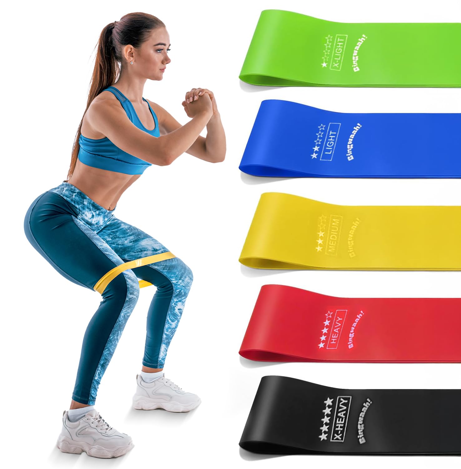 Bingwaah - Widerstandsbänder - Set mit 5 elastischen Gummibändern aus Naturkautschuk für Übung, Stretching, Krafttraining & Reha - 5 Widerstandsstufen, tragbar & langlebig für Zuhause & Fitnessstudio
