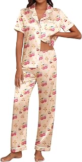 Ekouaer Womens Silk Pajama Sets Silky Short Sleeve Pjs 2 Piece Silk Button Down Pajamas Soft Satin Pj Pants Set