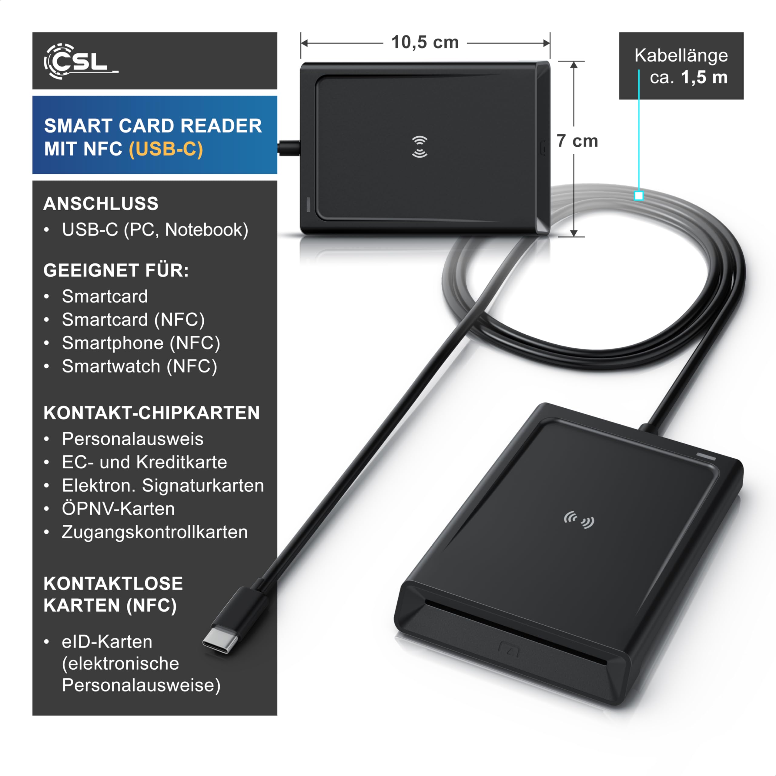 CSL - USB C Personalausweis Lesegerät mit NFC - Chipkarenleser SIM - Dual Mode (NFC und Kartenslot) - Kartenlesegerät - Win 10-11 - für den neuen Personalausweis Gesundheitskarte Keine EPA Bankkarten