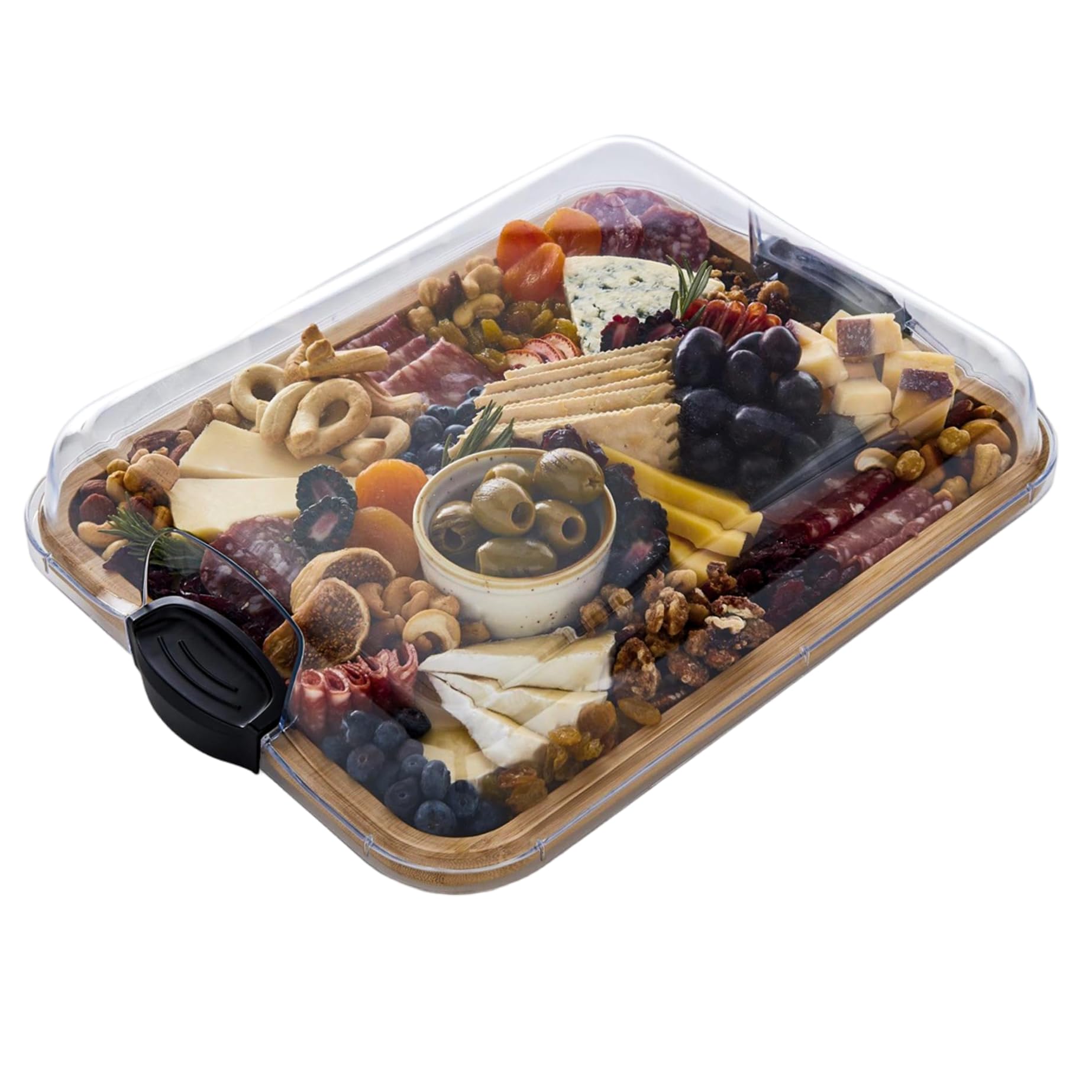 Tablero de corte de bambú con tapa, 15x11.3 pulgadas de tablas de charcutería reversible con tapa de bloqueo transparente y manijas para verduras, charcutería de frutas