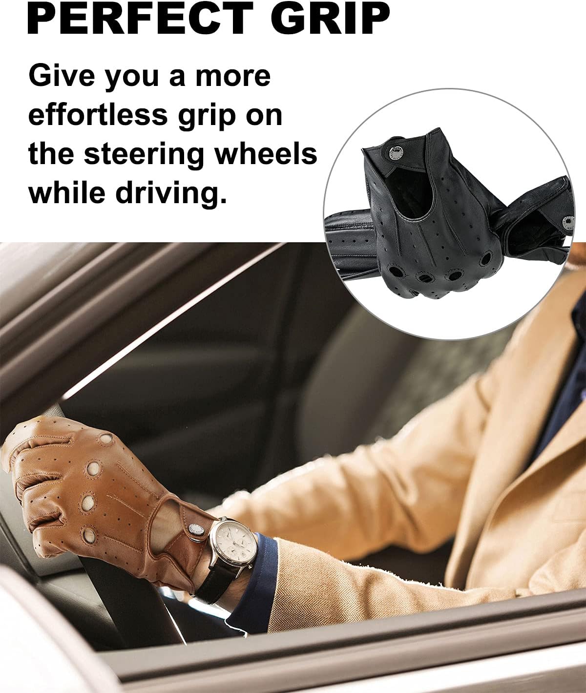 LIBO Genuine Leather Driving Gloves for Men Women, Unlined Full Finger Motorcycle Gloves, Button Closure (Non Touchscreen) - Image 3