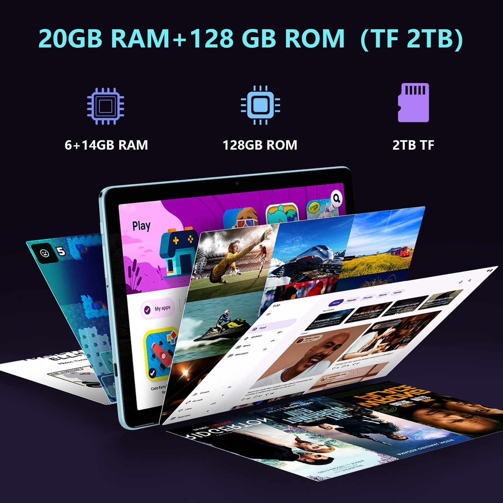Tablet 10 pollici Android 15 20GB RAM +128GB ROM, Batteria ​​8580 mAh, ​​Octa-Core​​, 5G WIFI Tablet pc, 5+13MP ​​Fotocamera​, ​​Bluetooth​5.2 (​Blu)