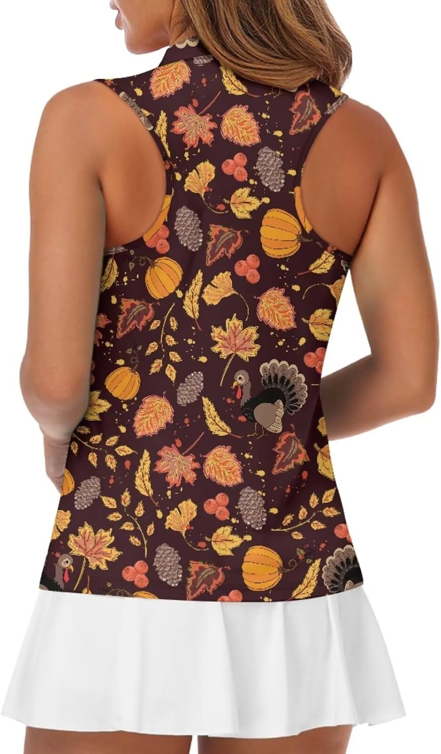 GULANGYU Fall Maple Leaf Print Women's Sleeveless Golf Polor Shirt 1/4 Zip Workout Tennis Tank Top