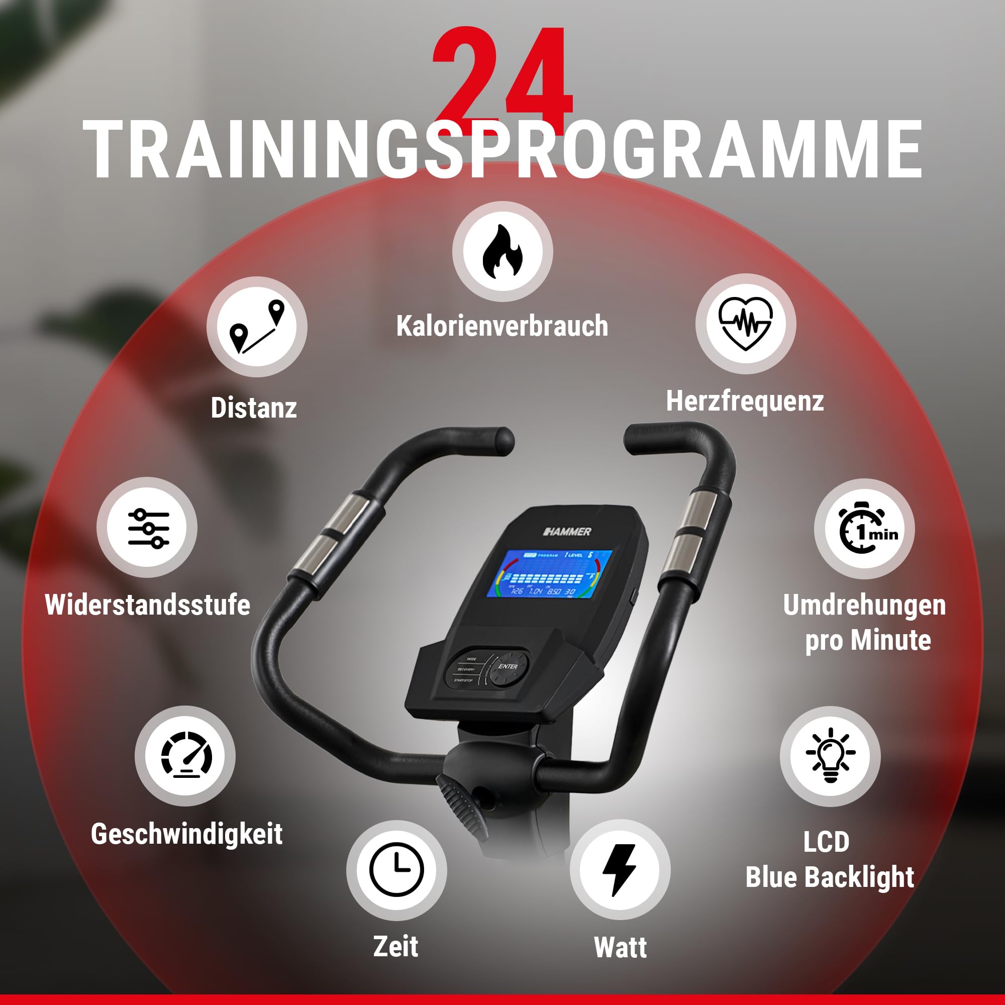 HAMMER Ergometer Cardio XT7 – leiser Heimtrainer für Zuhause mit tiefem Einstieg, App Kompatibel mit Kinomap, 8 kg Schwungmassensystem, 24 Programme, Hometrainer Fahrrad bis 130 kg
