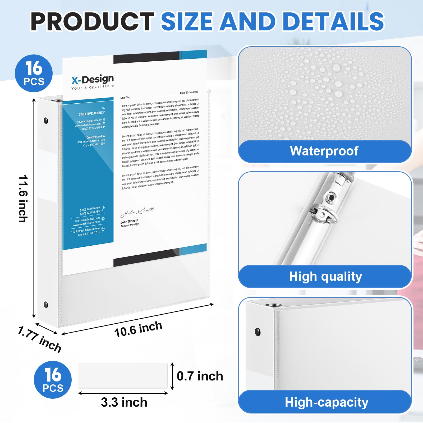 Henoyso 16 raccoglitori a 3 anelli da 3,8 cm, con copertina trasparente, in plastica flessibile, formato lettera 21,6 x 27,9 cm, raccoglitori versatili per scuola, ufficio, casa, 1 tasca (bianco)