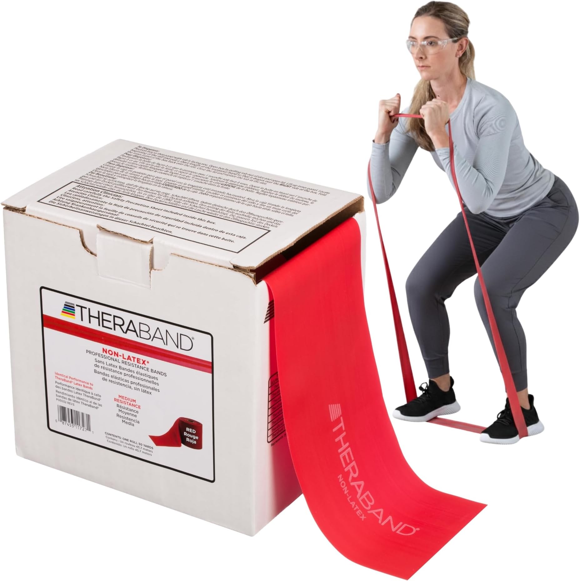 11727 Non-Latex Professional Elastic Stretch Band for Upper & Lower Body Exercise Workouts and Physical Therapy, Medium, Red, 50yd Length