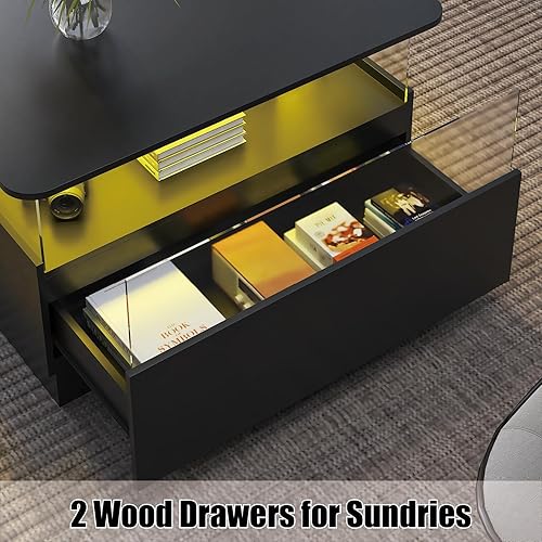 Miniatura 7 de Mesas de centro redondas con almacenamiento, mesa de centro moderna para sala de estar, mesas de centro cuadradas negras y 2 cajones espaciosos,