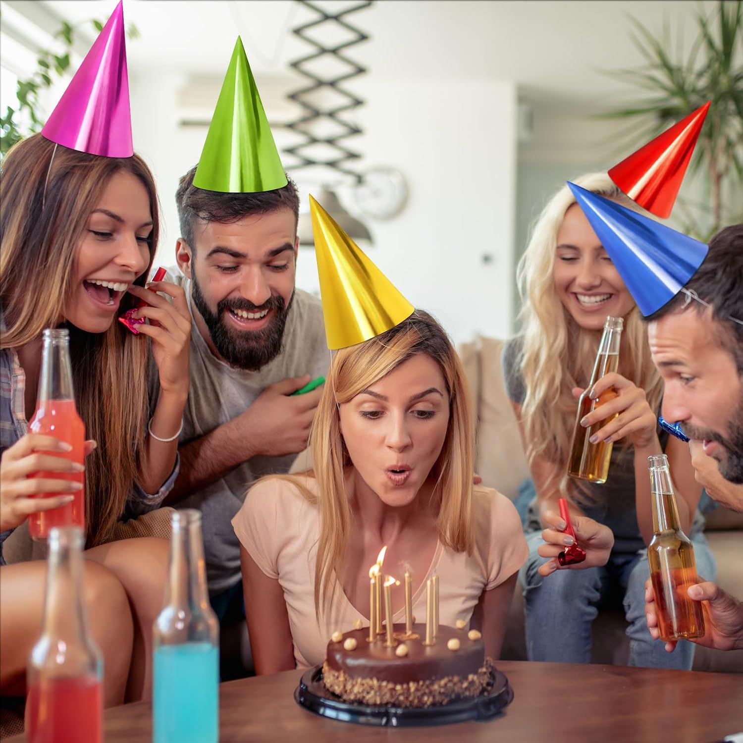 Hooqict 24Pcs Colorful Mini Birthday Party Hats Metallic Foil Happy Birthday Cone Hats Paper Headwear for Kids Girls Boys Adults Stuffed Animals Pastel Party Decorations Classroom Celebration