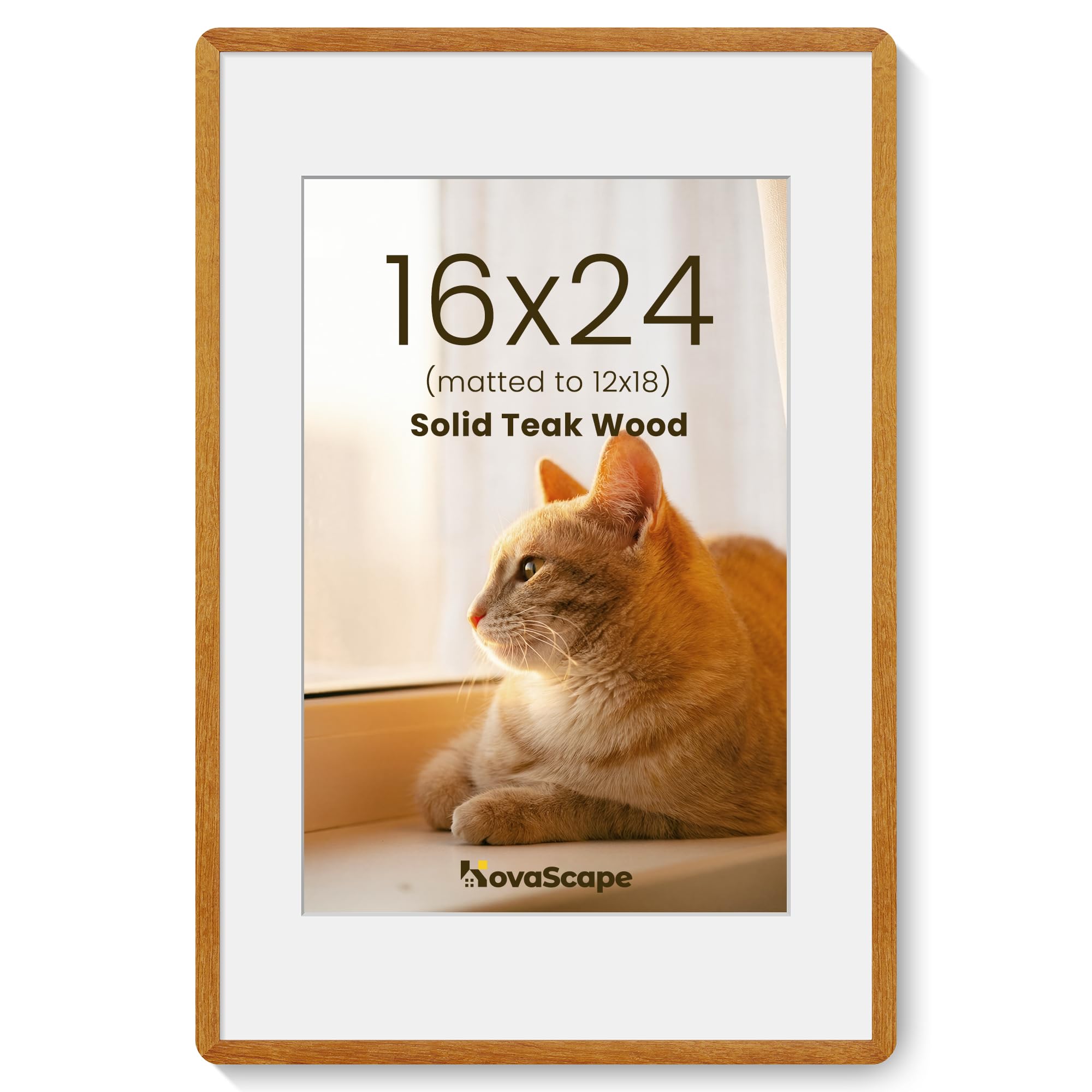 KovaScape 16x24 Picture Frames, Solid Teak Wood with Mortise and Tenon Joinery, Handcrafted Photo Frame with Mat for 12x18, High-Definition Tempered Glass, For Wall Hanging