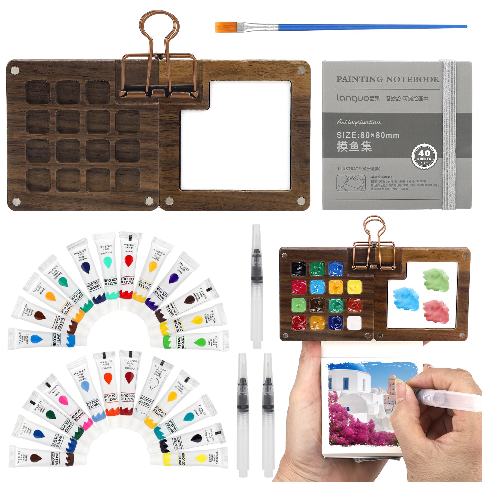 Juego de mini paleta de acuarela portátil de madera para pintar sin manchas