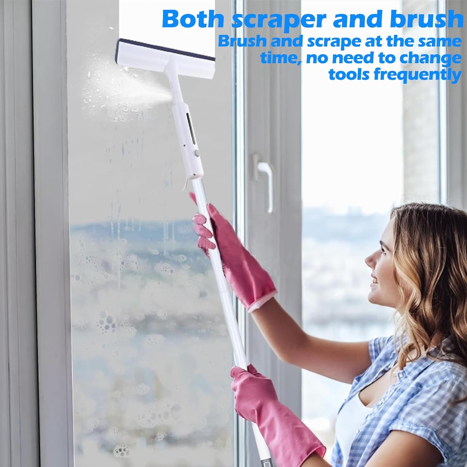 Spray Window Squeegee, 3-in-1 Professional Squeegee with Telescopic Extension Pole up to 59"", Home Cleaner Tools for Windows, Bathrooms, Mirrors, White