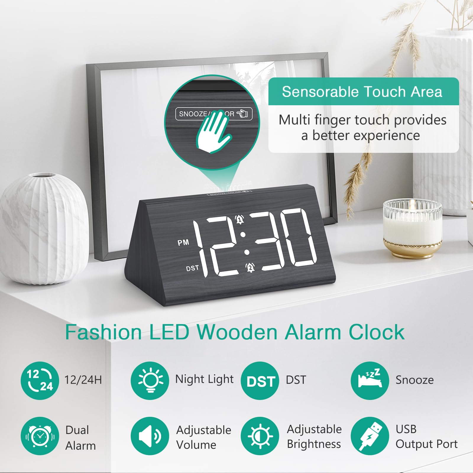 ORIA Cyfrowy budzik LED, 7", styl drewna, zegar cyfrowy, budzik podróżny z 2 alarmami, 5 jasności, 3 poziomy głośności, drzemka, DST, kolorowe światło otoczenia, nowoczesny zegar stołowy do sypialni
