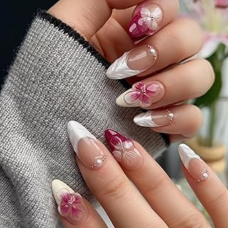 GlamRays Weiße Blumen Press on Nails Mandeln Weiß French Tip Falsche Nägel Mittelgroß Falsche Nägel mit Perlen Design 24 Stück