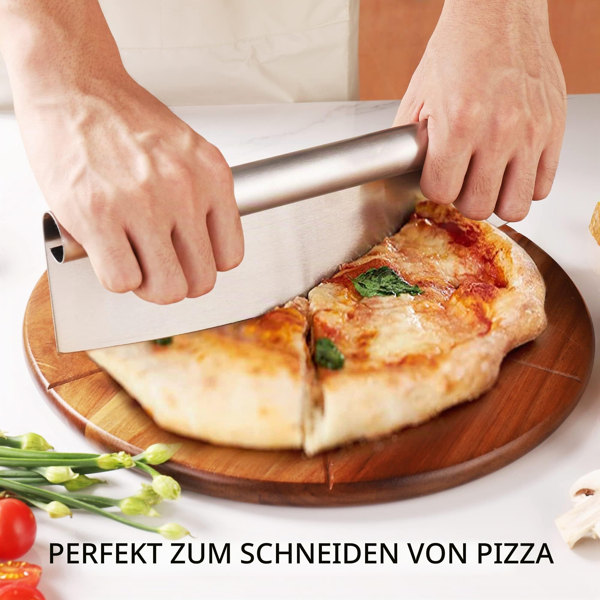 Pizzabrett Akazienholz, TJ POP 30 x30 cm Pizzateller Pizzaschneidebrett mit Pizzaschneider und Pizzaschale, rundes Pizzaschneidebrett Serviertablett zum Backen von selbstgemachter Pizza