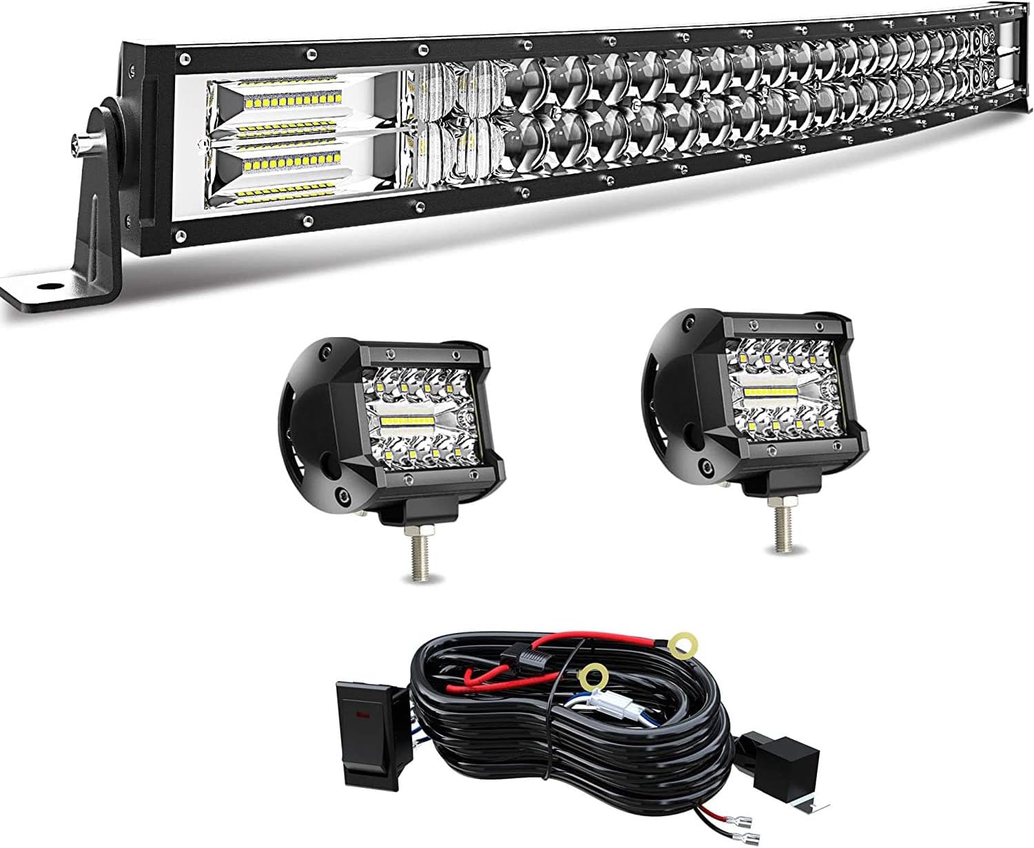 DOT 32Inch Curved 180W 5D Led Light Bar+2X 4Inch 60W Led Cube Pods W/Wiring Kit for Wrangler F150 Kubota Dodge Pioneer ATV SUV UTV Can Am Kawasaki Dodge Truck 5D LENS Curved 32 IN+2 Pcs light bar 32 Inch