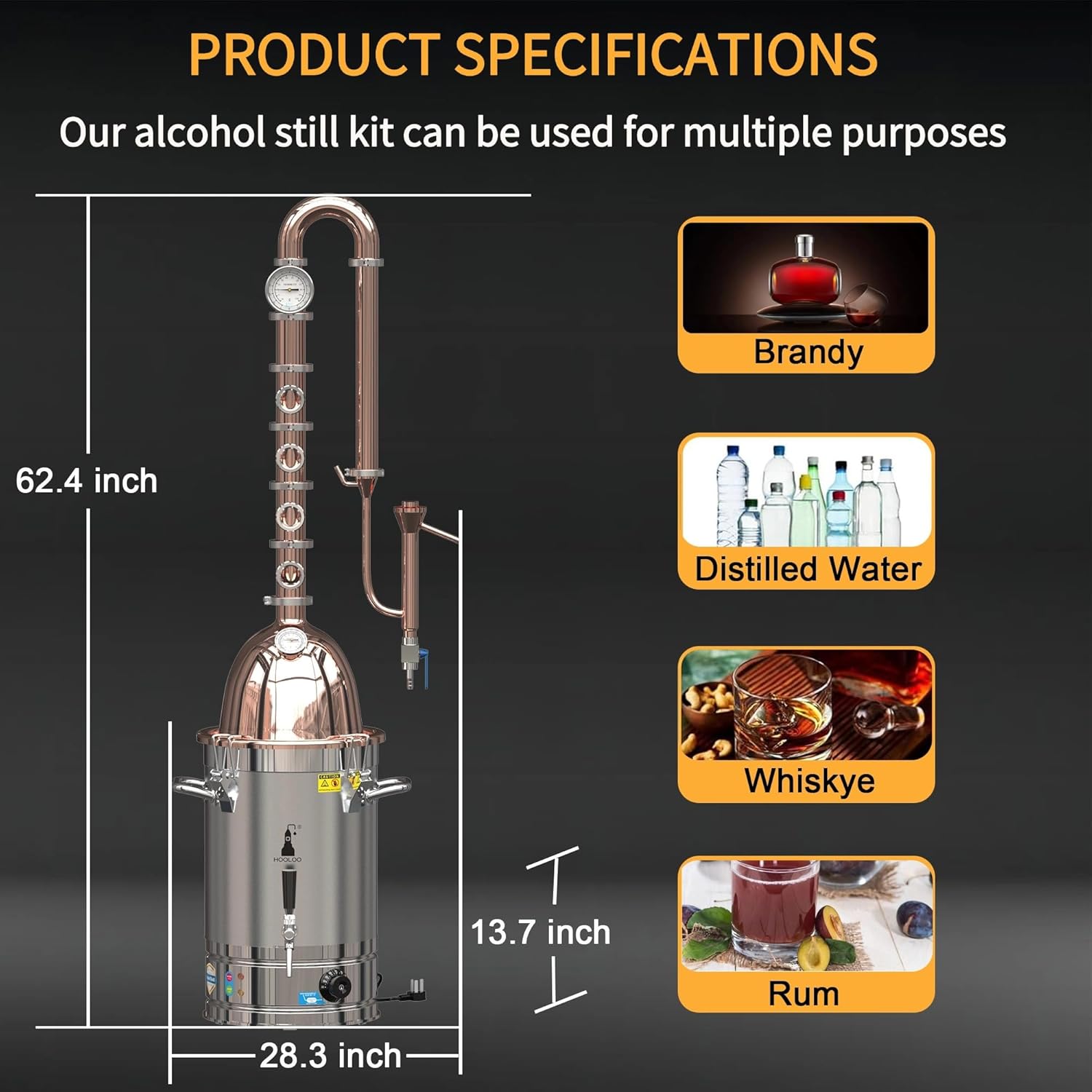 HOOLOO Alcohol Distiller 6.3Gal/24L Alembic Pot Still All Copper Distillation Accessories Home Brewing Distillery Kit for DIY Whisky Wine Brandy Alcohol Making(RCU30)