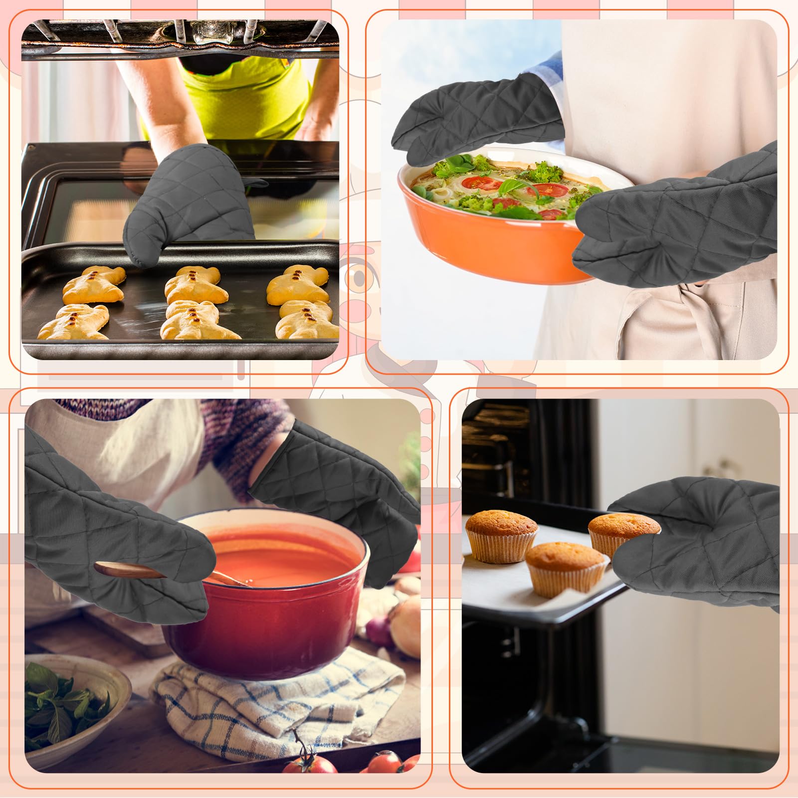 Lot de 6 paires de gants de cuisine résistants à la chaleur de 27,9 cm de long en coton et polyester matelassé pour cuisine, pâtisserie, barbecue, gris anthracite