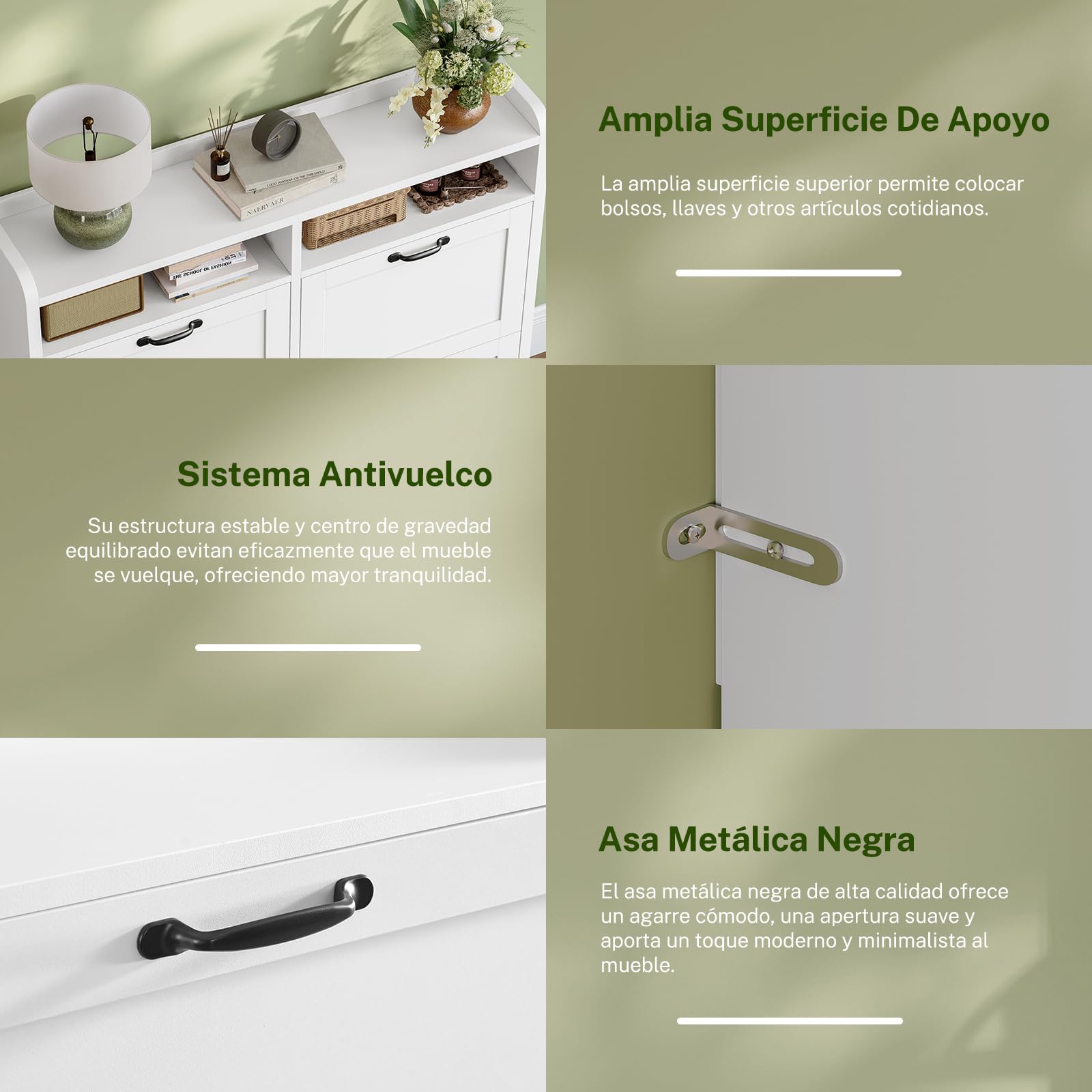 TEENFON Mueble Zapatero Recibidor Estrecho–105cm de Ancho, Armario Zapatero con 4 Solapas y 2Compartimentos Abiertos, Estantes Ajustables, para16–24Pares de Zapatos, Apto para Pasillo,Recibidor,Blanco