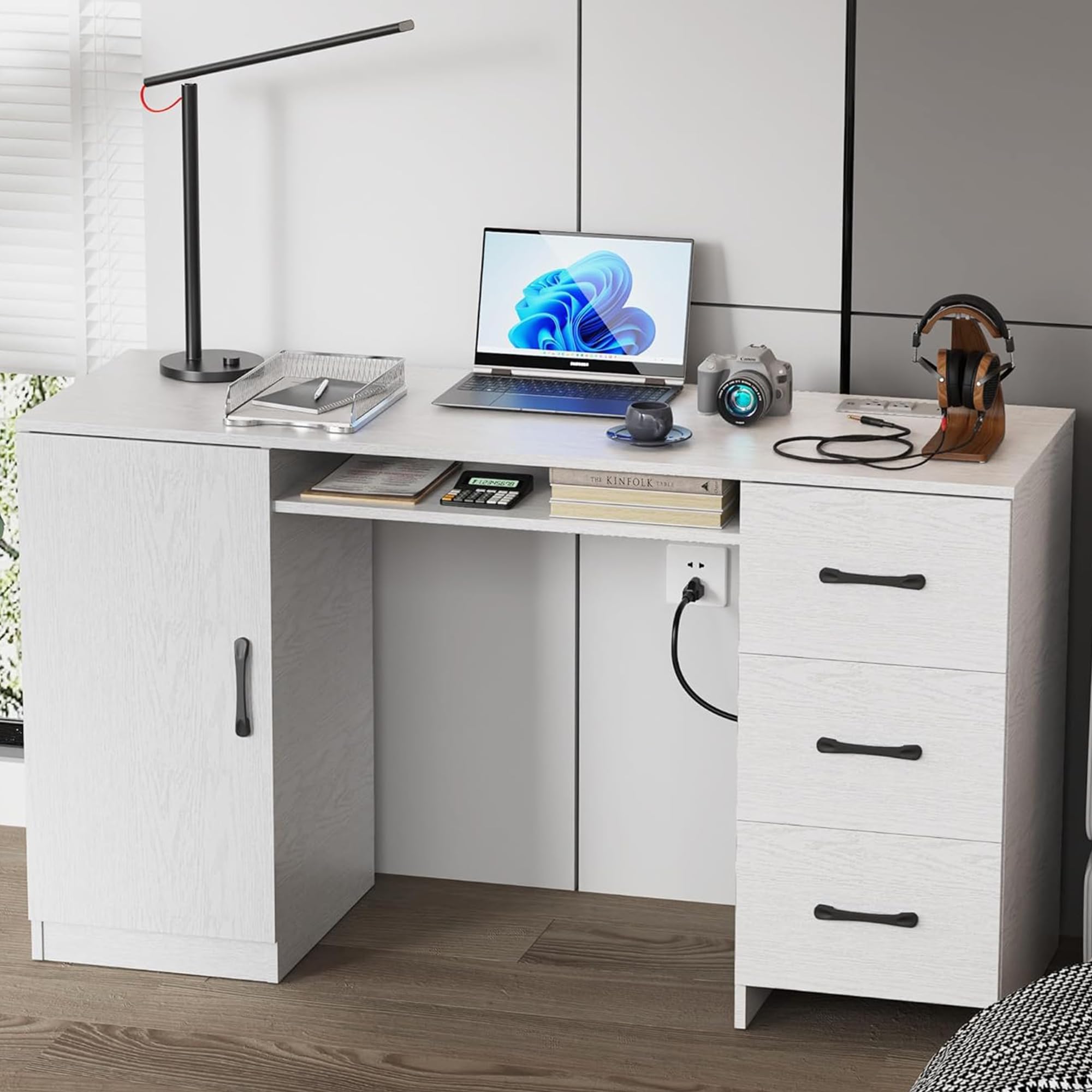 53 Inch Large Computer Desk, Office Desk with Power Outlets & USB Charging Port, Study Writing Table with Three Storage Drawers and one wooden Door,