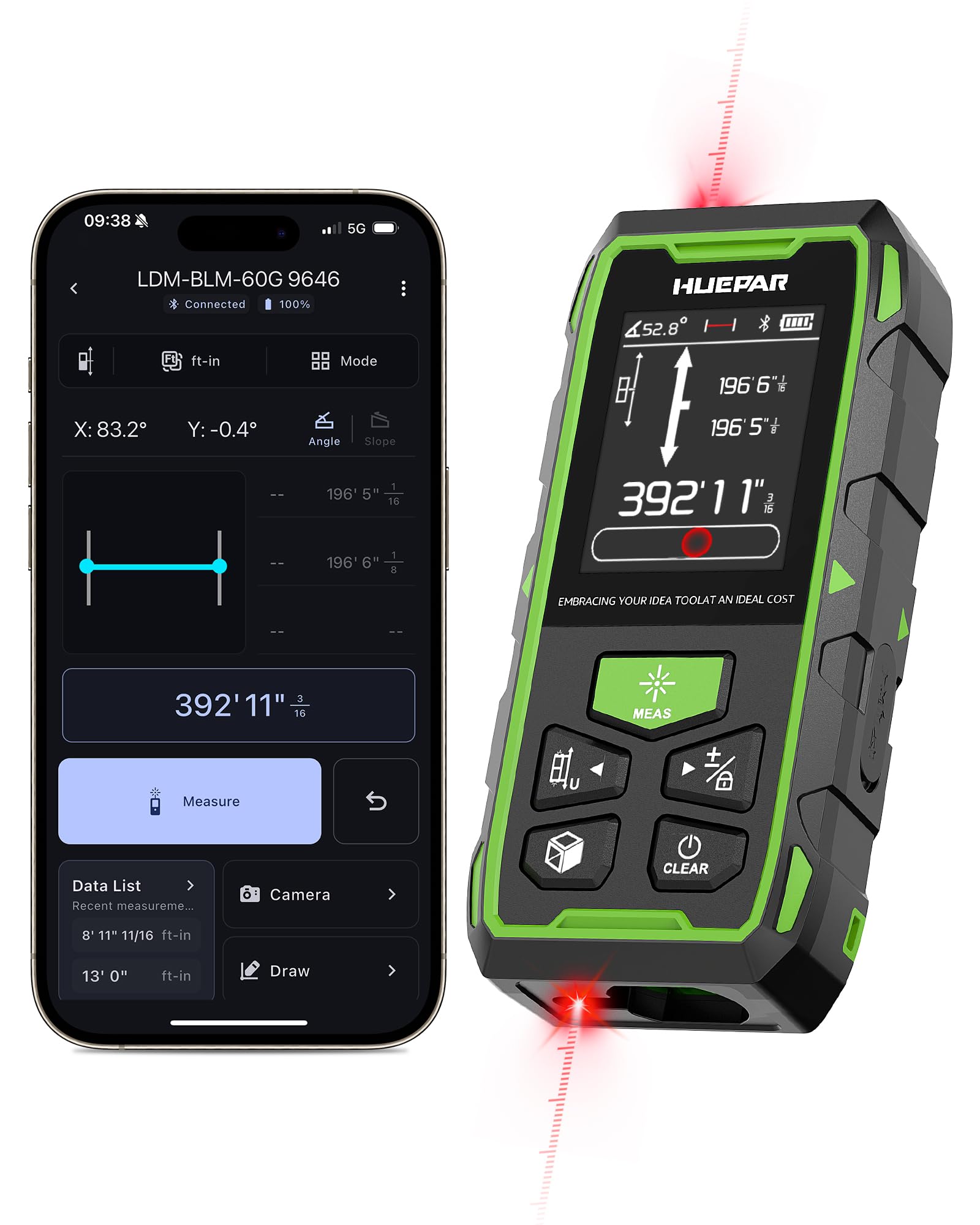 Huepar 2026 Upgraded Dual Laser Distance Meter, 395Ft, Phone App, USB-C | Professional Two-way Laser Measuring Tool with HUEPAR App, Angle Sensor, Magnetic Back Metro Laser Measurement Tool