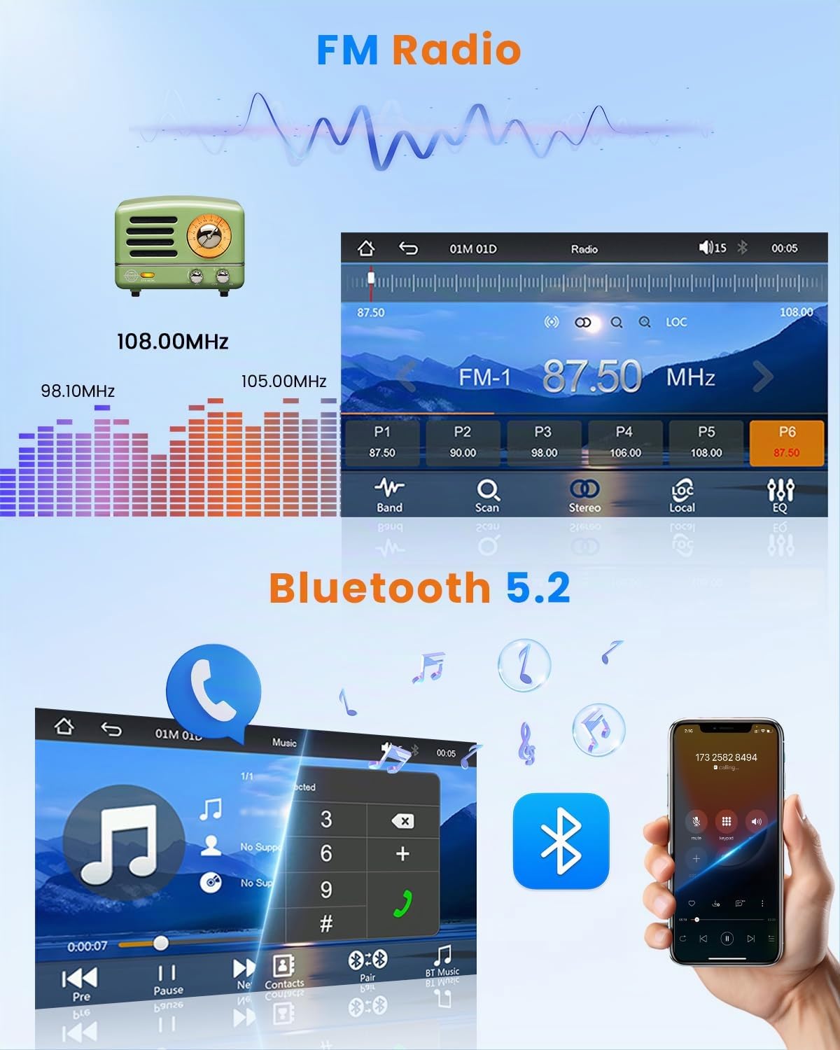 Hikity Autorradio FM Android 1 DIN Compatible con CarPlay inalámbrico y Android Auto, Radio con Pantalla táctil HD de 7 Pulgadas Mirror Link Bluetooth SWC USB cámara y función de Carga