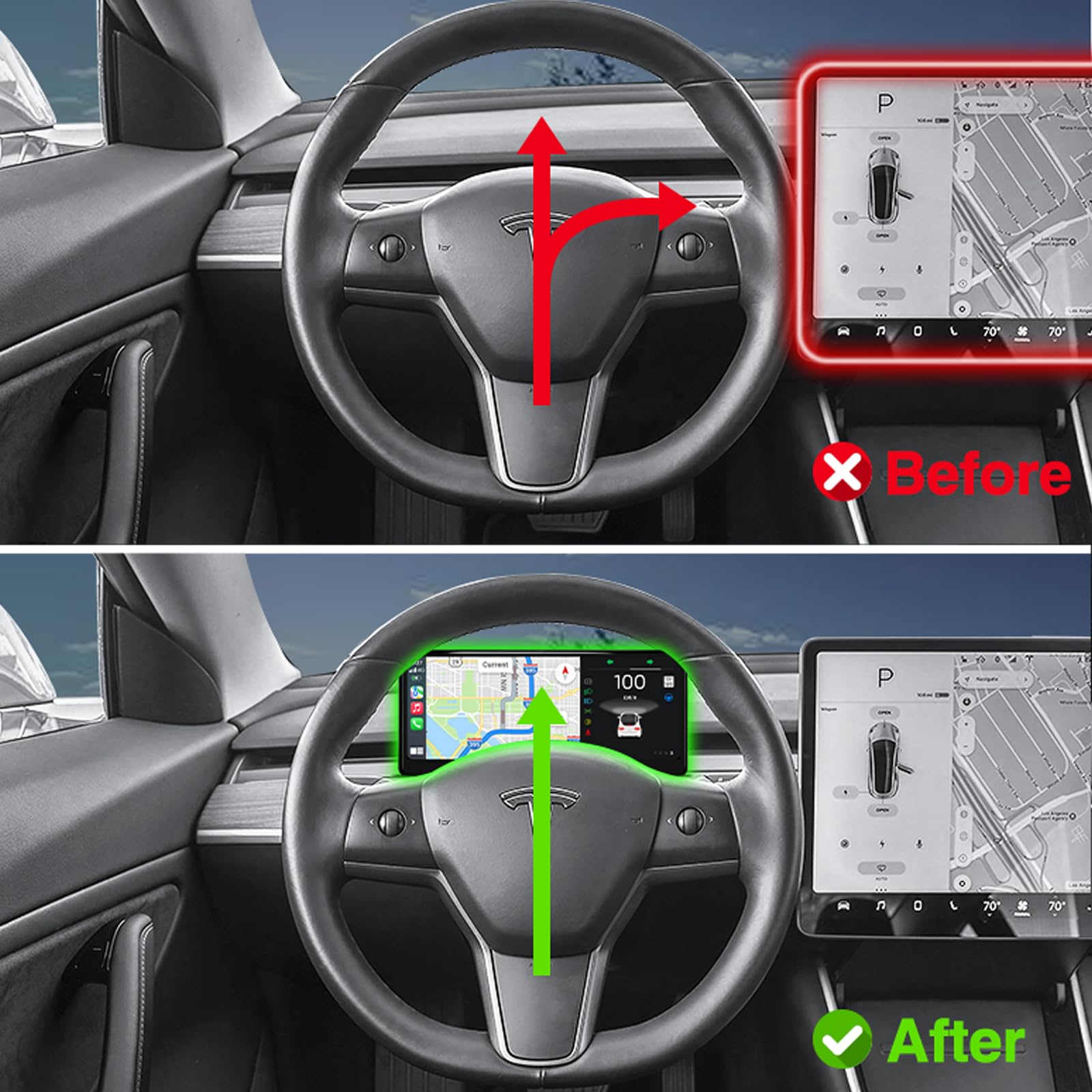 Affichage tête Haute pour Tesla Model Y 2019-2024 & Model 3 2017-2023 avec Carplay sans Fil/câblé Android Auto Bluetooth Données synchrones Affiche la Batterie, Le kilométrage, la Vitesse(9 Pouces)