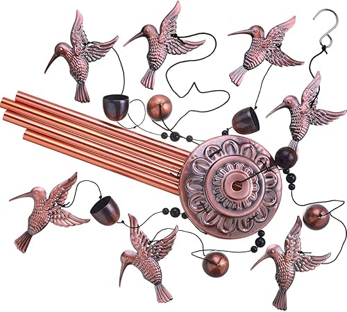 Miniatura 4 de Campanillas de viento de colibrí para jardín, decoración al aire libre, con 4 tubos, 6 campanas, 7 colibríes, captador de viento romántico,