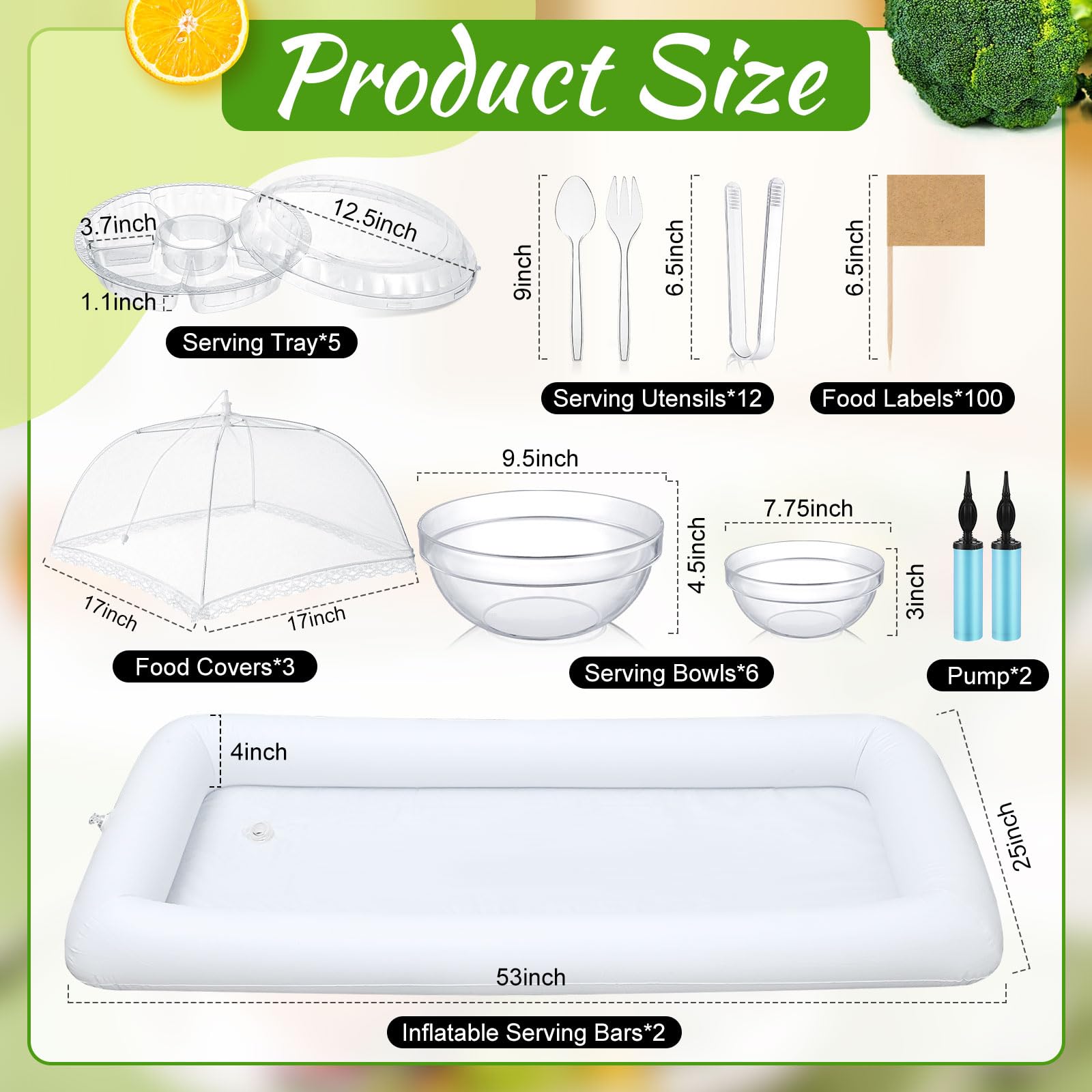 FillTouch Juego de 128 barras de servir, 2 barras inflables para servir con 3 cubiertas de malla para alimentos, 6 cuencos de ensalada con 12 utensilios para servir, 5 bandejas redondas de plástico