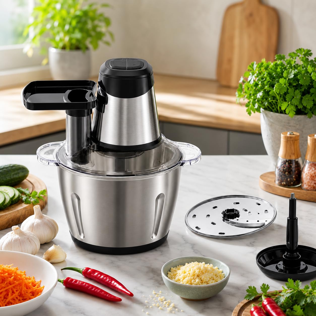 Royal Swiss® Elektrischer Zerkleinerer, 1000 W, 4 l, mit Glasschale – Zerkleinerer für Fleisch & Gemüse – 4 Klingen aus Edelstahl – 2 Geschwindigkeitsstufen – professioneller Mini-Zerkleinerer Küche