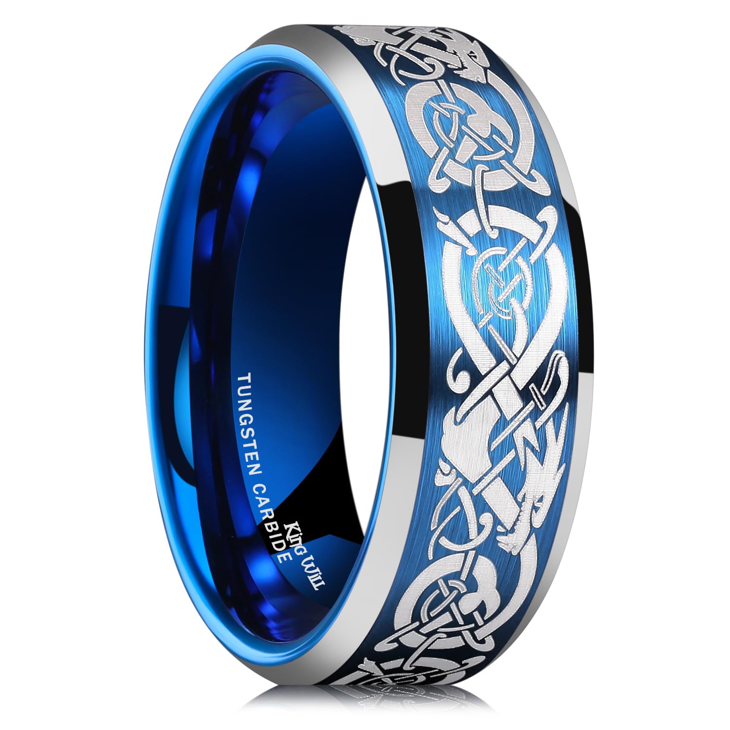King Will 8mm Black/Silver/Blue Mens Tungsten Carbide Ring Laser Celtic Knot/Wolf Head/Dragon Polish Edge Wedding Band Comfort Fit