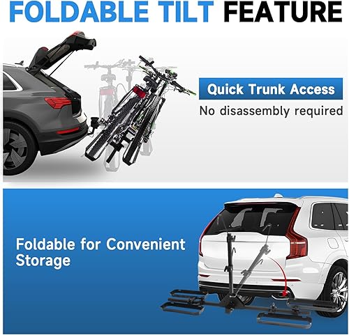Miniatura 5 de Soporte de enganche para 2 bicicletas, plataforma de 140 libras de capacidad con correa, inclinación inteligente y diseño plegable, se adapta a