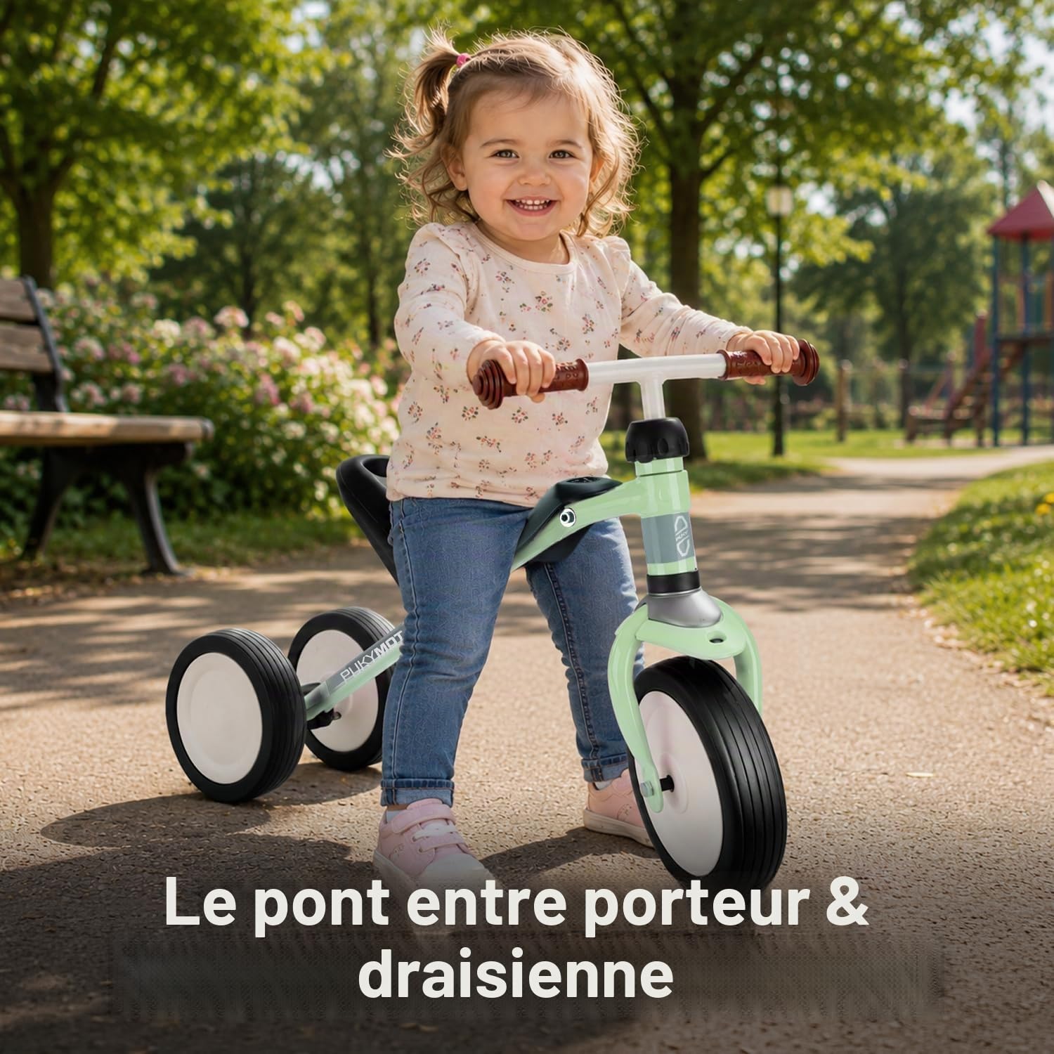 PUKY PUKYMOTO Vert | 2en1: Draisienne et Porteur | Trotteur dès 1,5 ans | Jouet sans pédales | Vélo enfant avec limitation de braquage | Véhicule enfants avec roues FLOAT pour intérieur/extérieur