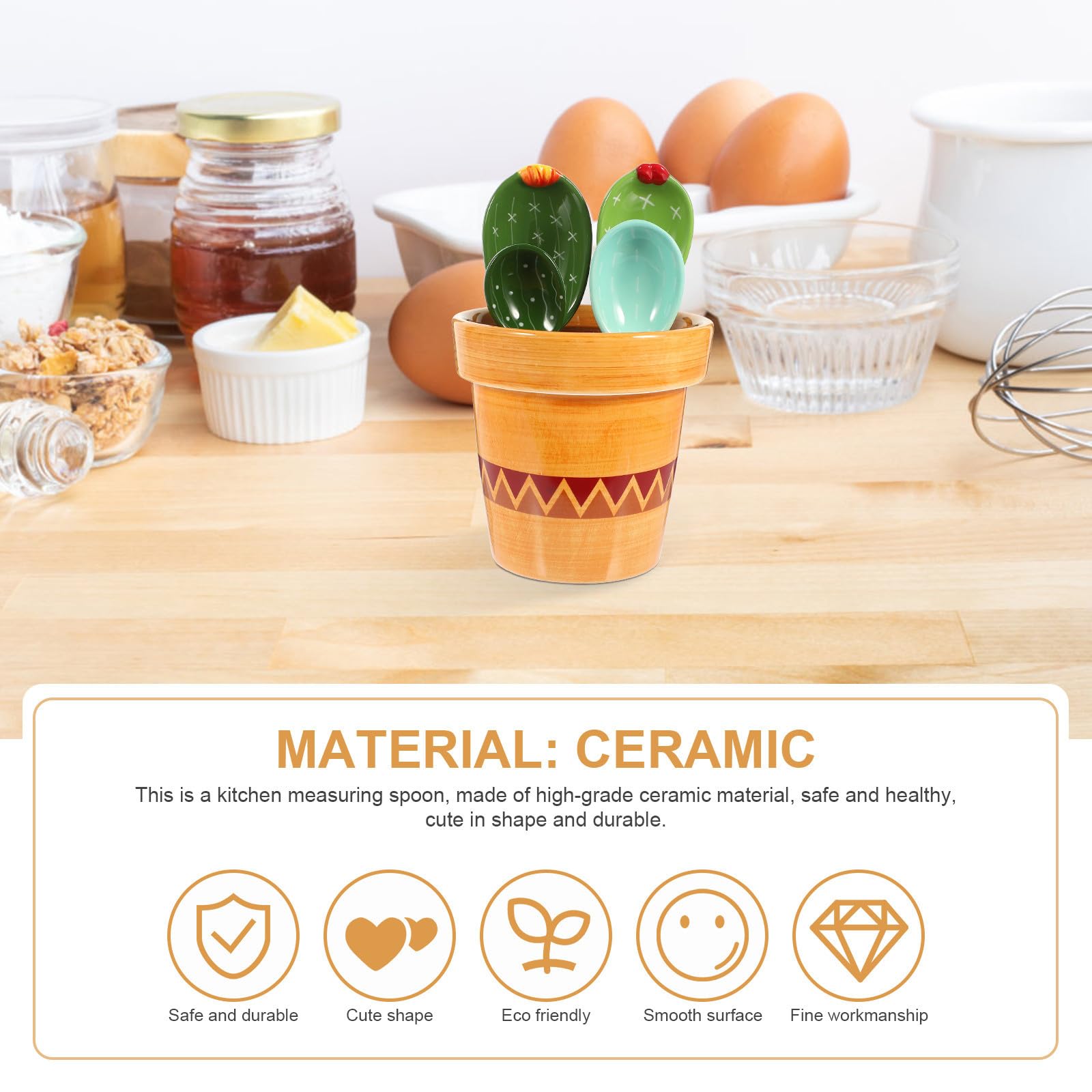 Zestaw łyżek z ceramicznym uchwytem i stopniowaną podstawą, wzór kaktusowy, pojemność 290 ml do pieczenia, zastosowań kuchennych, proszku pomiarowego, cukru, przypraw