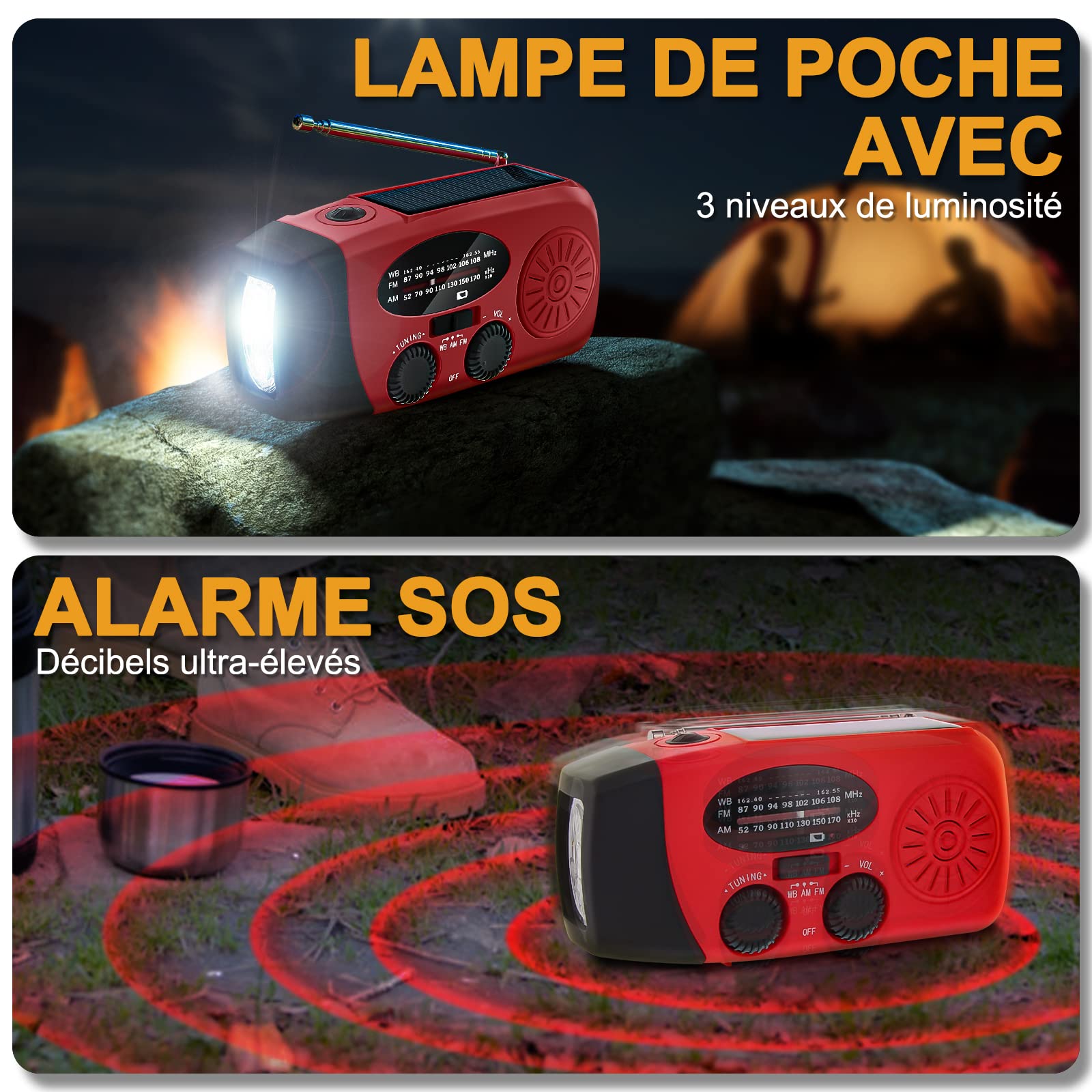 Radio Solaire Portable d'Urgence Météo 2000mAh Manivelle AM/FM/NOAA Dynamo IPX3 Charge Téléphone Lampe LED Alarme SOS Câble USB Randonnée Camping Rouge