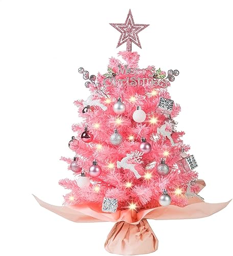 Mini árbol de Navidad rosa de 20 pulgadas, árbol de Navidad artificial pequeño con luces cálidas, estrella y adornos, árbol de Navidad de mesa para